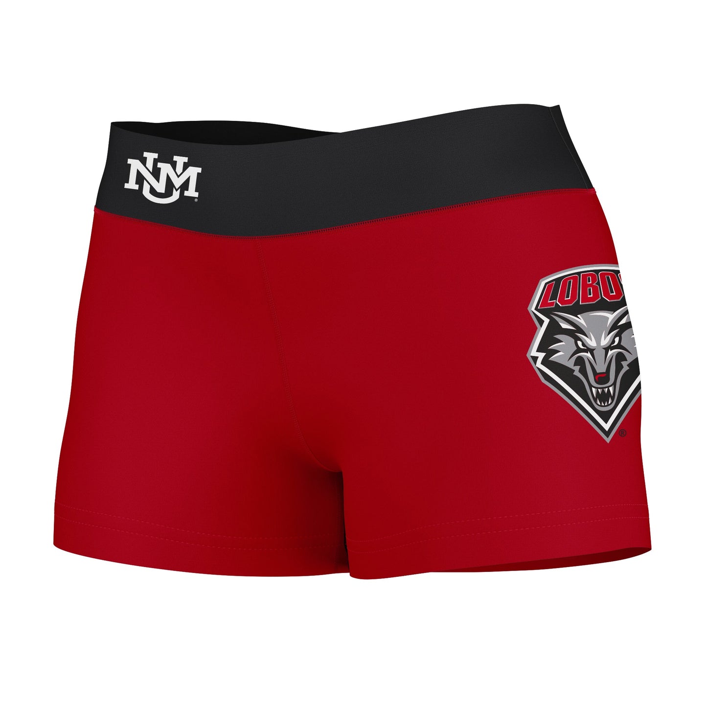 New Mexico Lobos Vive La Fete Logo on Thigh & Waistband Red Black Women Yoga Booty Workout Shorts 3.75 Inseam