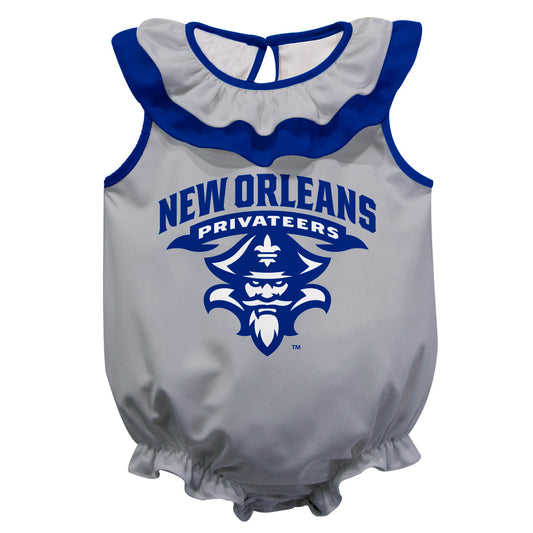 University of New Orleans Privateers UNO Gray Sleeveless Ruffle One Piece Jumpsuit Logo Bodysuit by Vive La Fete