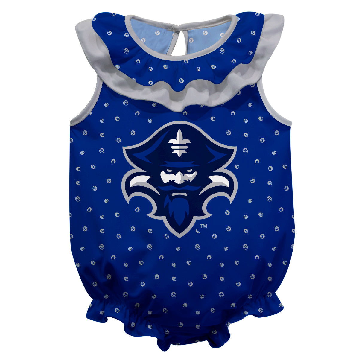 New Orleans Privateers UNO Swirls Blue Sleeveless Ruffle One Piece Jumpsuit Logo Bodysuit by Vive La Fete