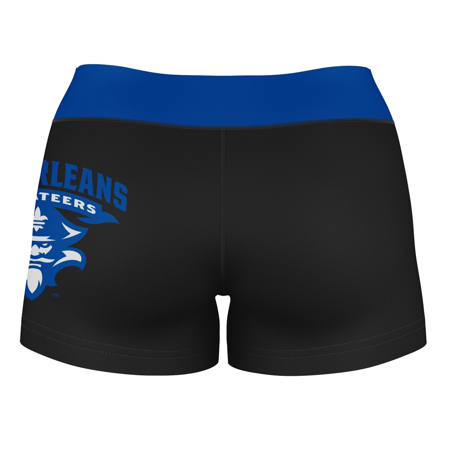 New Orleans Privateers UNO Vive La Fete Logo on Thigh & Waistband Black & Blue Women Booty Workout Shorts 3.75 Inseam" - Vive La F̻te - Online Apparel Store