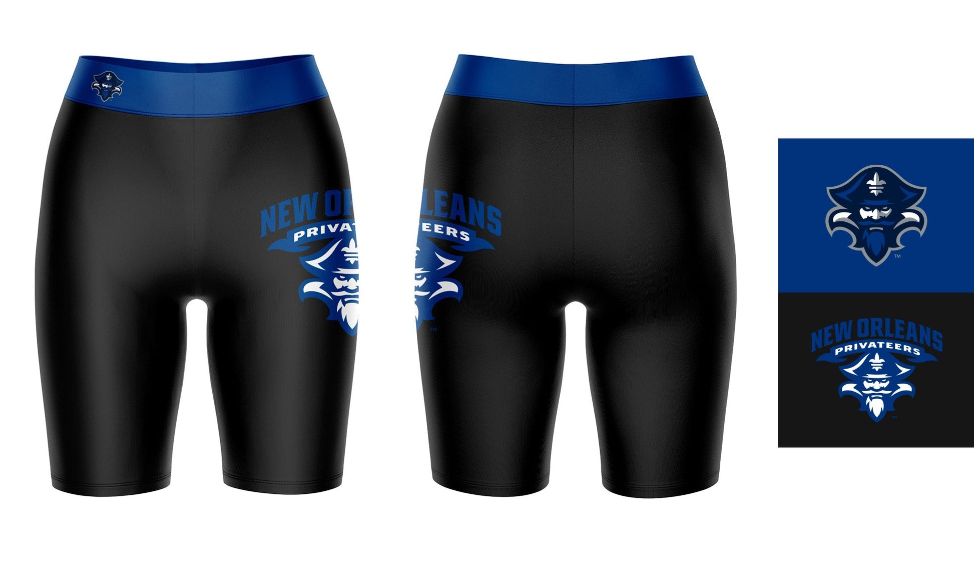 New Orleans Privateers UNO Vive La Fete Game Day Logo on Thigh and Waistband Black and Blue Women Bike Short 9 Inseam"
