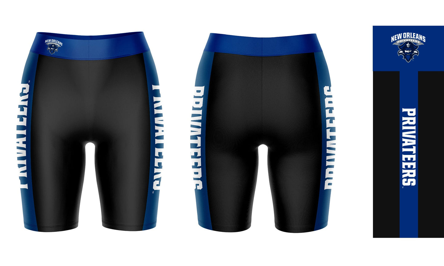 New Orleans Privateers UNO Vive La Fete Game Day Logo on Waistband and Blue Stripes Black Women Bike Short 9 Inseam