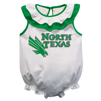 North Texas Mean Green White Sleeveless Ruffle One Piece Jumpsuit Logo Bodysuit by Vive La Fete