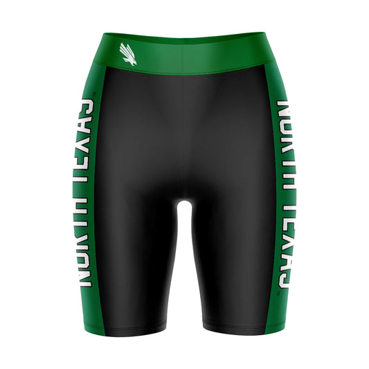 North Texas Mean Green Vive La Fete Game Day Logo on Waistband and Green Stripes Black Women Bike Short 9 Inseam