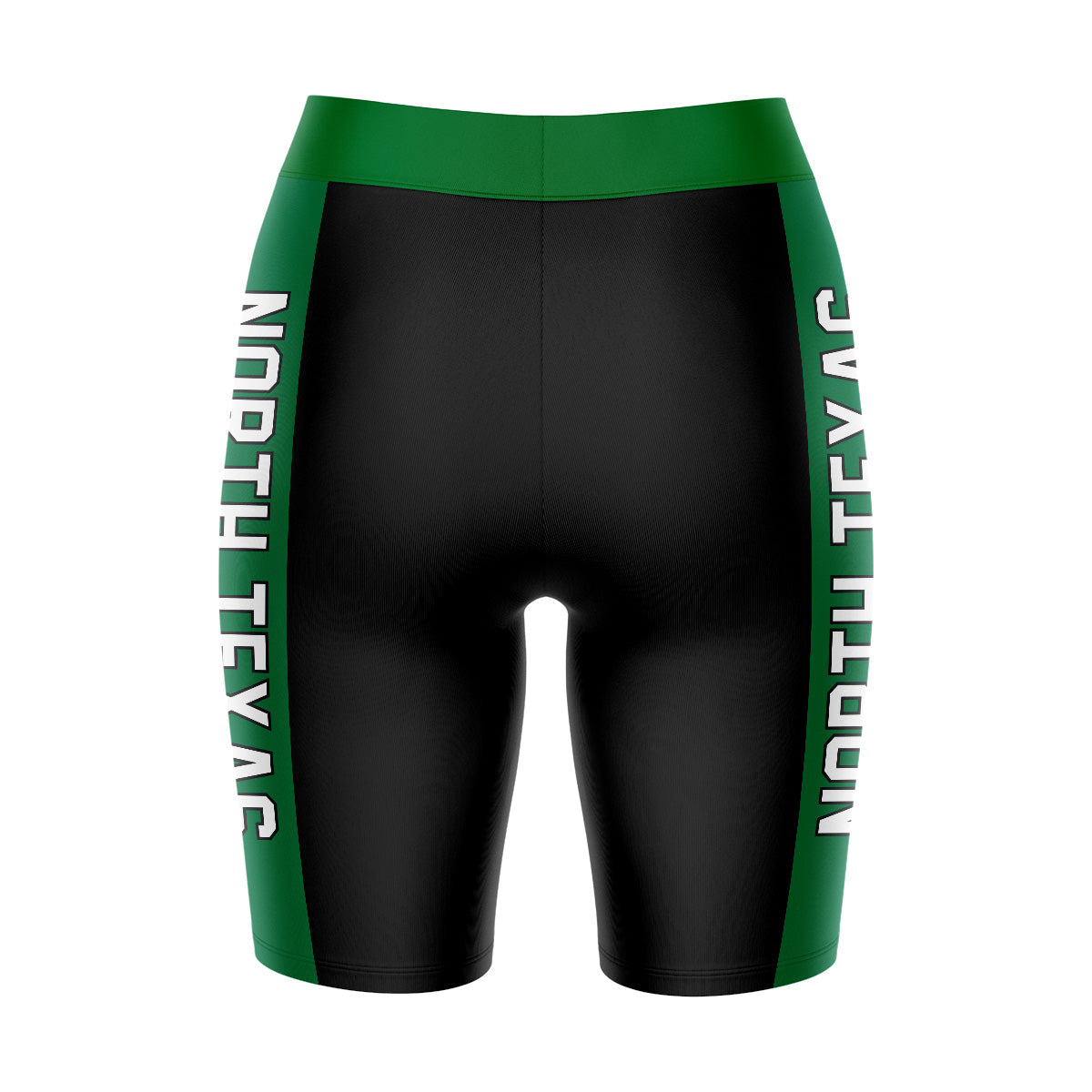 North Texas Mean Green Vive La Fete Game Day Logo on Waistband and Green Stripes Black Women Bike Short 9 Inseam