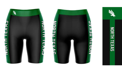 North Texas Mean Green Vive La Fete Game Day Logo on Waistband and Green Stripes Black Women Bike Short 9 Inseam