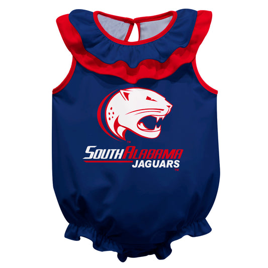 South Alabama Jaguars Blue Sleeveless Ruffle One Piece Jumpsuit Logo Bodysuit by Vive La Fete