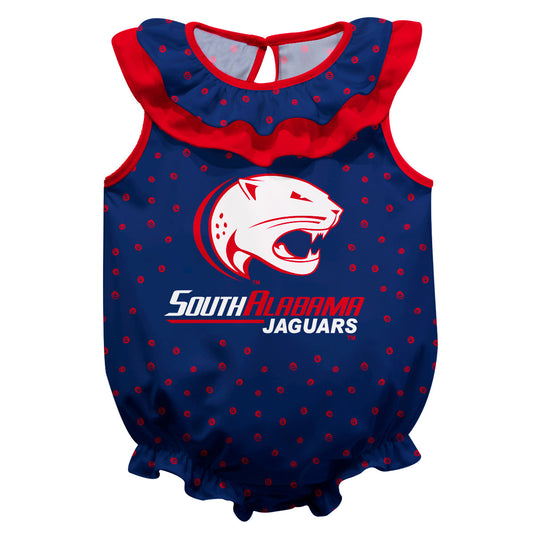 South Alabama Jaguars Swirls Blue Sleeveless Ruffle One Piece Jumpsuit Logo Bodysuit by Vive La Fete