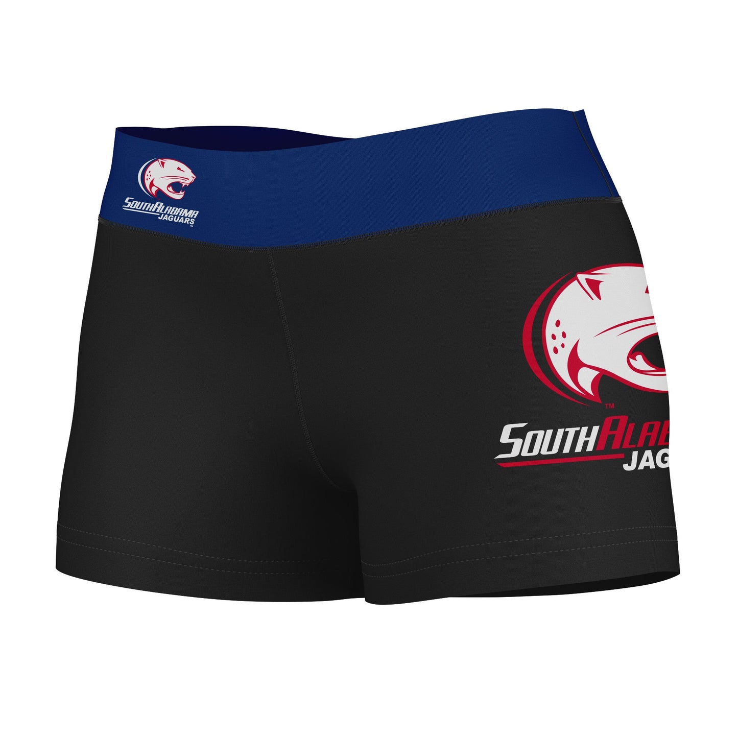 South Alabama Jaguars Vive La Fete Logo on Thigh and Waistband Black & Blue Women Yoga Booty Workout Shorts 3.75 Inseam"