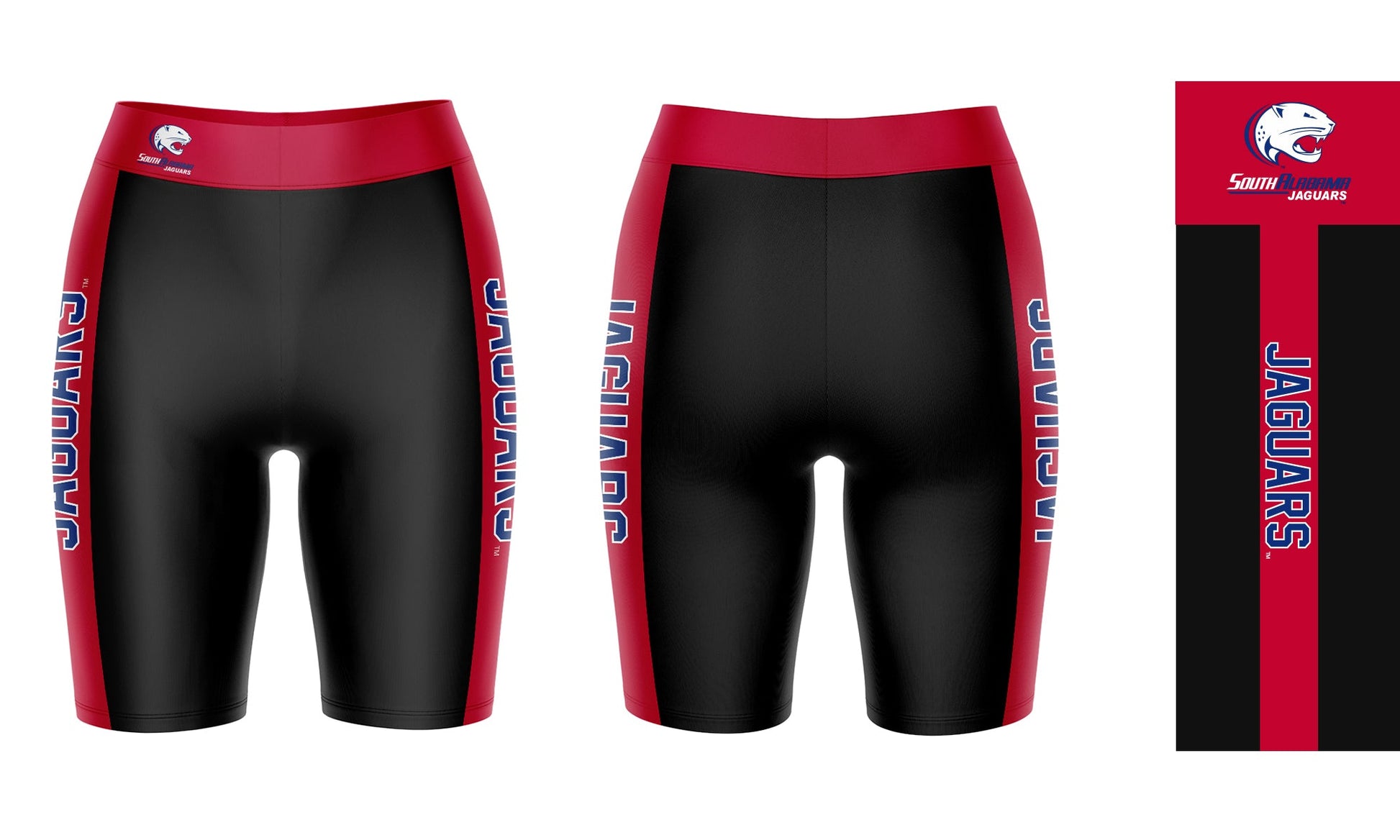 South Alabama Jaguars Vive La Fete Game Day Logo on Waistband and Red Stripes Black Women Bike Short 9 Inseam"