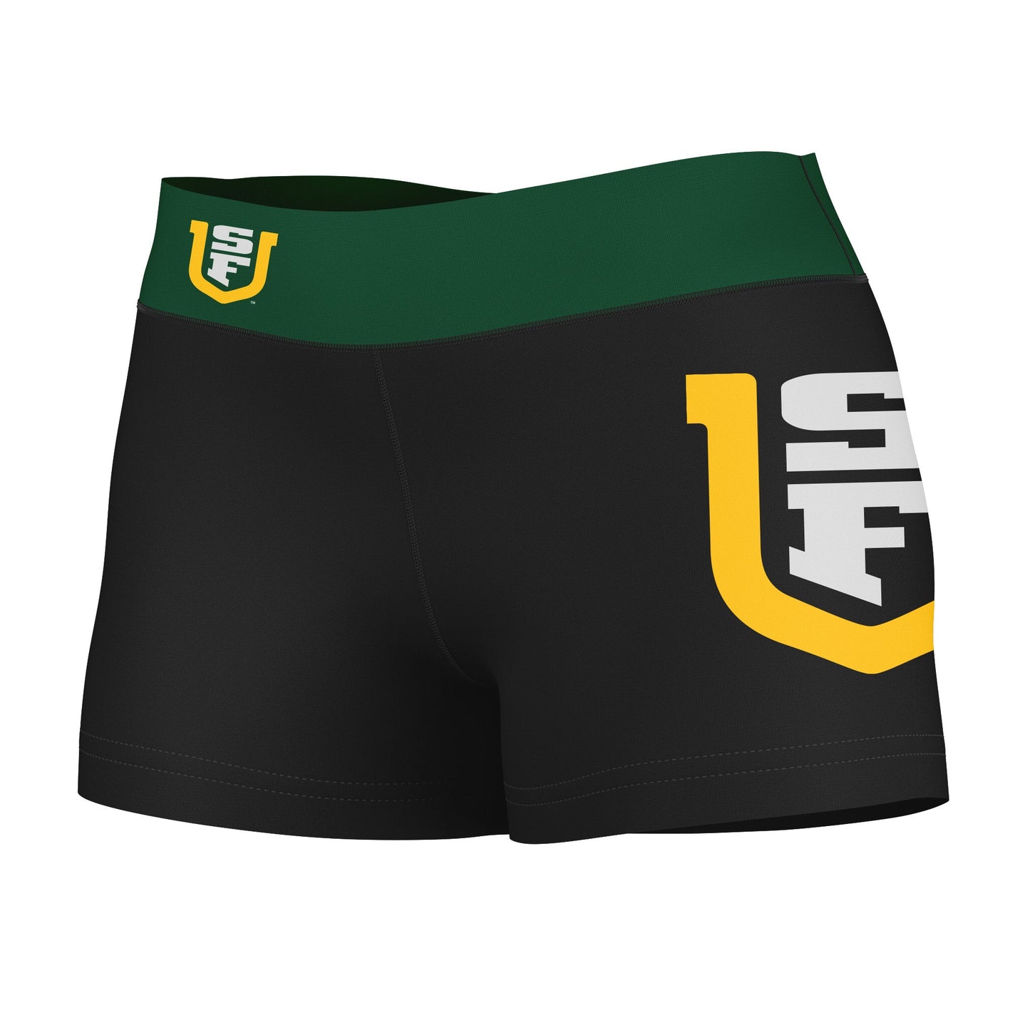 San Francisco Dons USF Vive La Fete Logo on Thigh & Waistband Black & Green Women Yoga Booty Workout Shorts 3.75 Inseam"