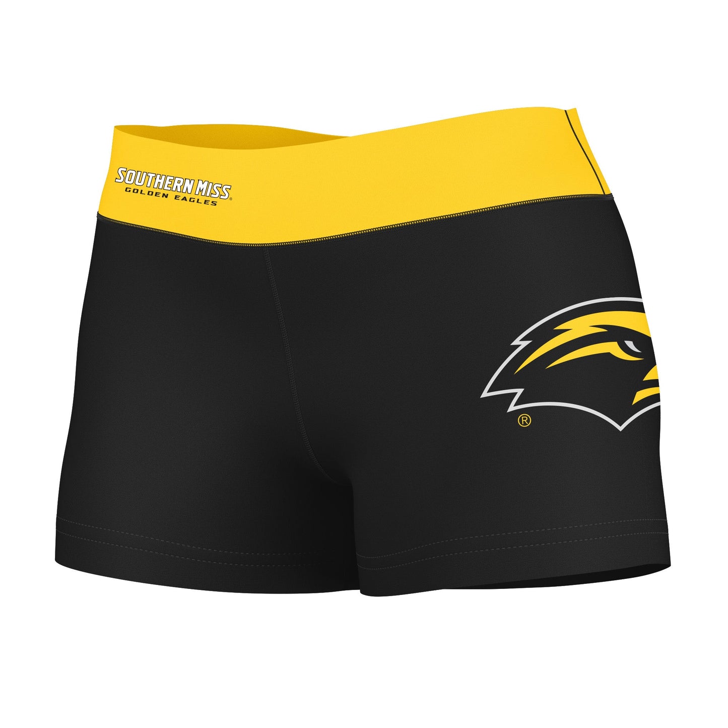 Southern Miss Golden Eagles Logo on Thigh & Waistband Black & Gold Women Yoga Booty Workout Shorts 3.75 Inseam"