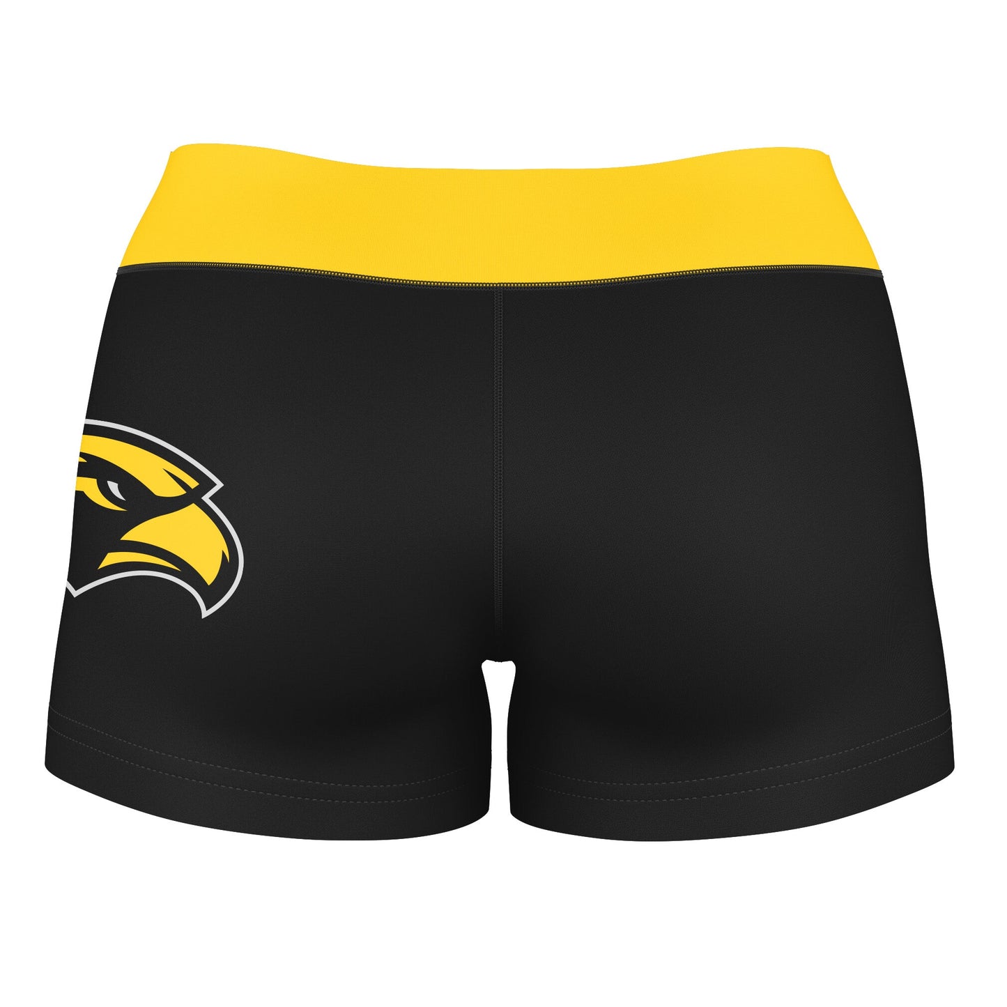 Southern Miss Golden Eagles Logo on Thigh & Waistband Black & Gold Women Yoga Booty Workout Shorts 3.75 Inseam" - Vive La F̻te - Online Apparel Store