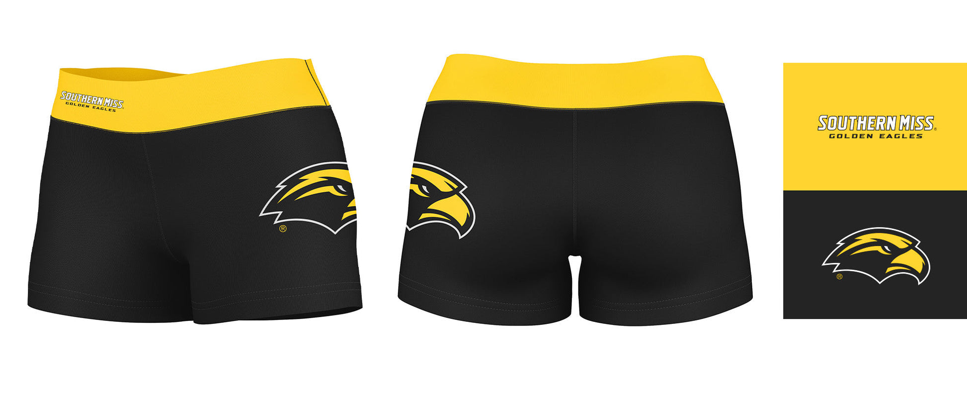 Southern Miss Golden Eagles Logo on Thigh & Waistband Black & Gold Women Yoga Booty Workout Shorts 3.75 Inseam" - Vive La F̻te - Online Apparel Store