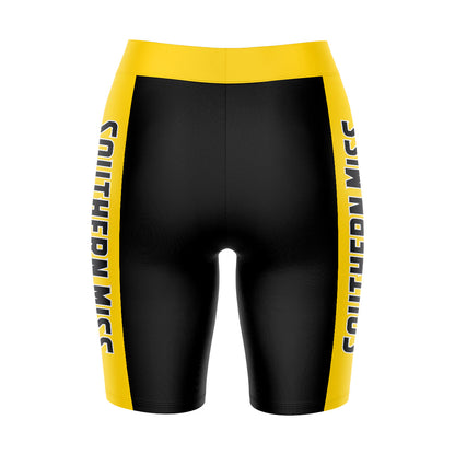 Southern Miss Golden Eagles Vive La Fete Game Day Logo on Waistband and Gold Stripes Black Women Bike Short 9 Inseam