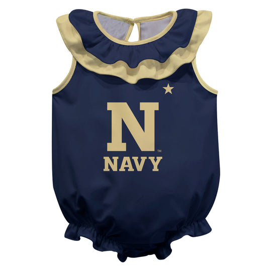 US Naval Naval Academy Midshipmen Navy Sleeveless Ruffle One Piece Jumpsuit Logo Bodysuit by Vive La Fete