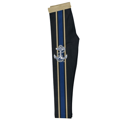 United States Naval Academy Gold Waist Navy Blue And Gold Stripes Black Leggings