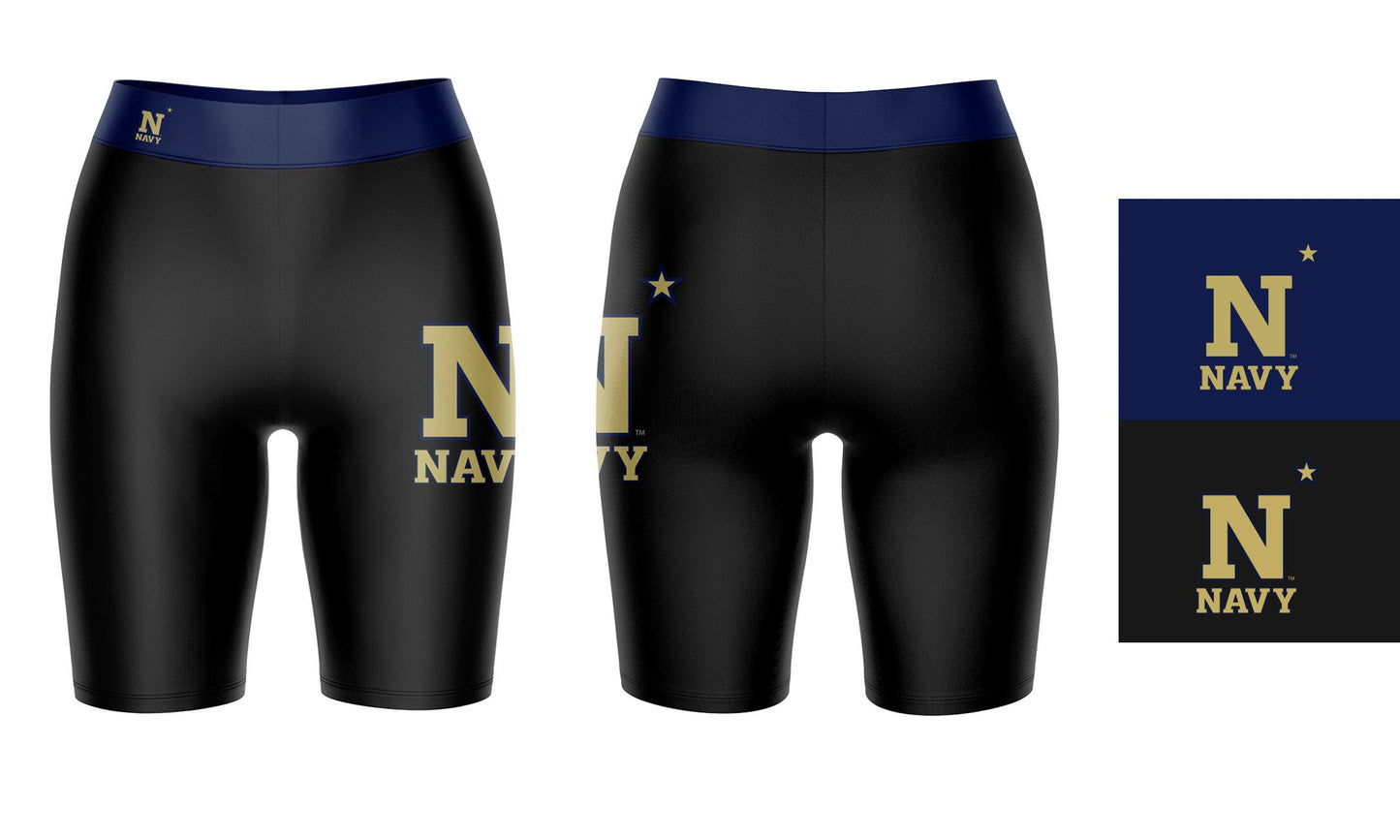 US Naval Naval Academy Vive La Fete Game Day Logo on Thigh and Waistband Black and Navy Women Bike Short 9 Inseam"