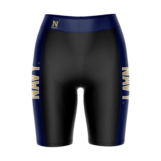 US Naval Naval Academy Vive La Fete Game Day Logo on Waistband and Navy Stripes Black Women Bike Short 9 Inseam