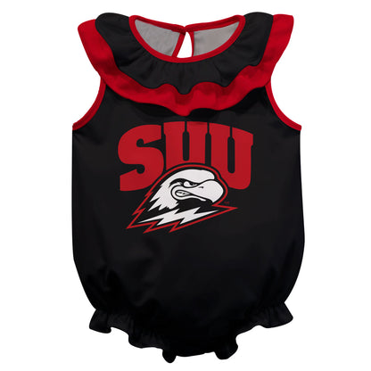 Southern Utah University Thunderbirds Black Sleeveless Ruffle One Piece Jumpsuit Logo Bodysuit by Vive La Fete