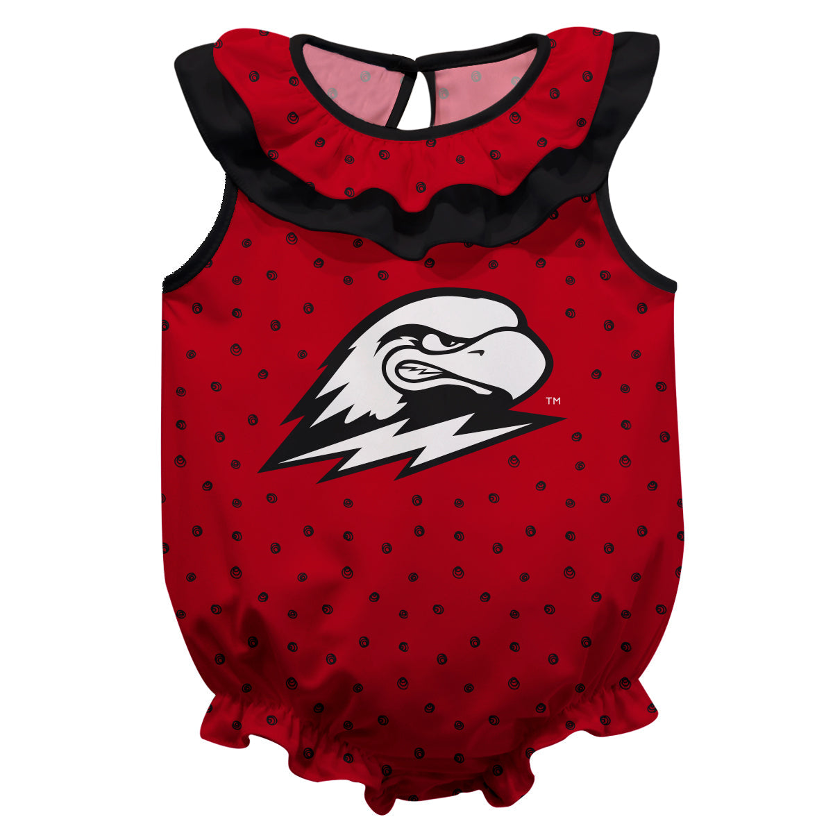 Southern Utah Thunderbirds SUU Swirls Red Sleeveless Ruffle One Piece  Jumpsuit Logo Bodysuit by Vive La Fete