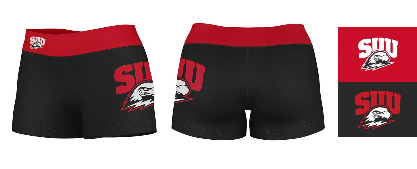 Southern Utah Thunderbirds SUU Logo on Thigh and Waistband Black and Red Women Yoga Booty Workout Shorts 3.75 Inseam - Vive La F̻te - Online Apparel Store