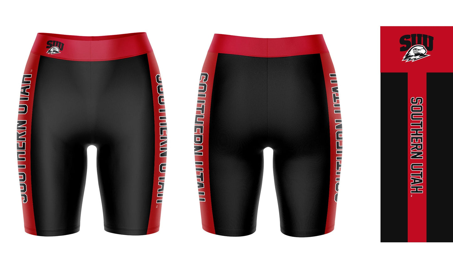 Southern Utah Thunderbirds SUU Vive La Fete Game Day Logo on Waistband and Red Stripes Black Women Bike Short 9 Inseam