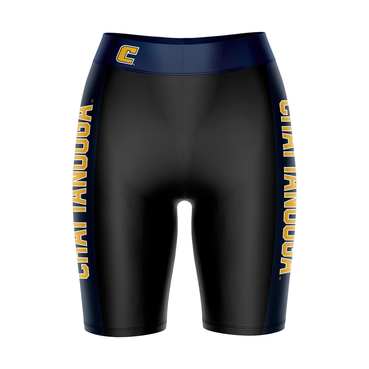 Tennessee Chattanooga MOCS Vive La Fete Game Day Logo on Waistband and Navy Stripes Black Women Bike Short 9 Inseam