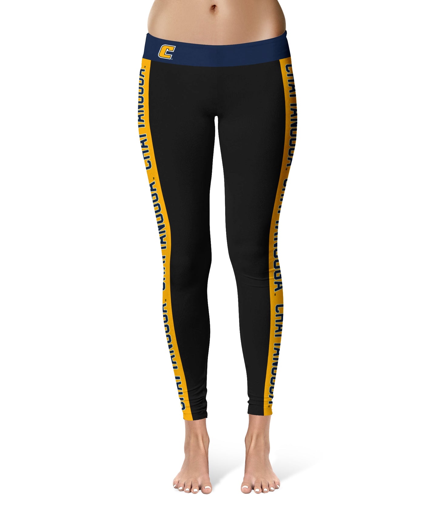 Tennessee Chattanooga Mocs Vive La Fete Game Day Collegiate Gold Stripes Women Black Yoga Leggings 2 Waist Tights