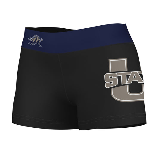 Utah State Aggies Vive La Fete Game Day Logo on Thigh & Waistband Black & Navy Women Booty Workout Shorts 3.75 Inseam"