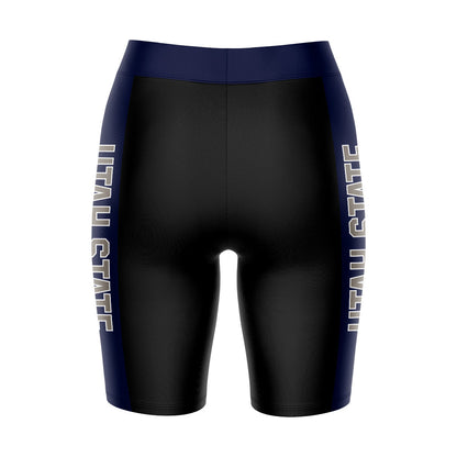 Utah State Aggies USU Vive La Fete Game Day Logo on Waistband and Navy Stripes Black Women Bike Short 9 Inseam