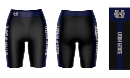 Utah State Aggies USU Vive La Fete Game Day Logo on Waistband and Navy Stripes Black Women Bike Short 9 Inseam