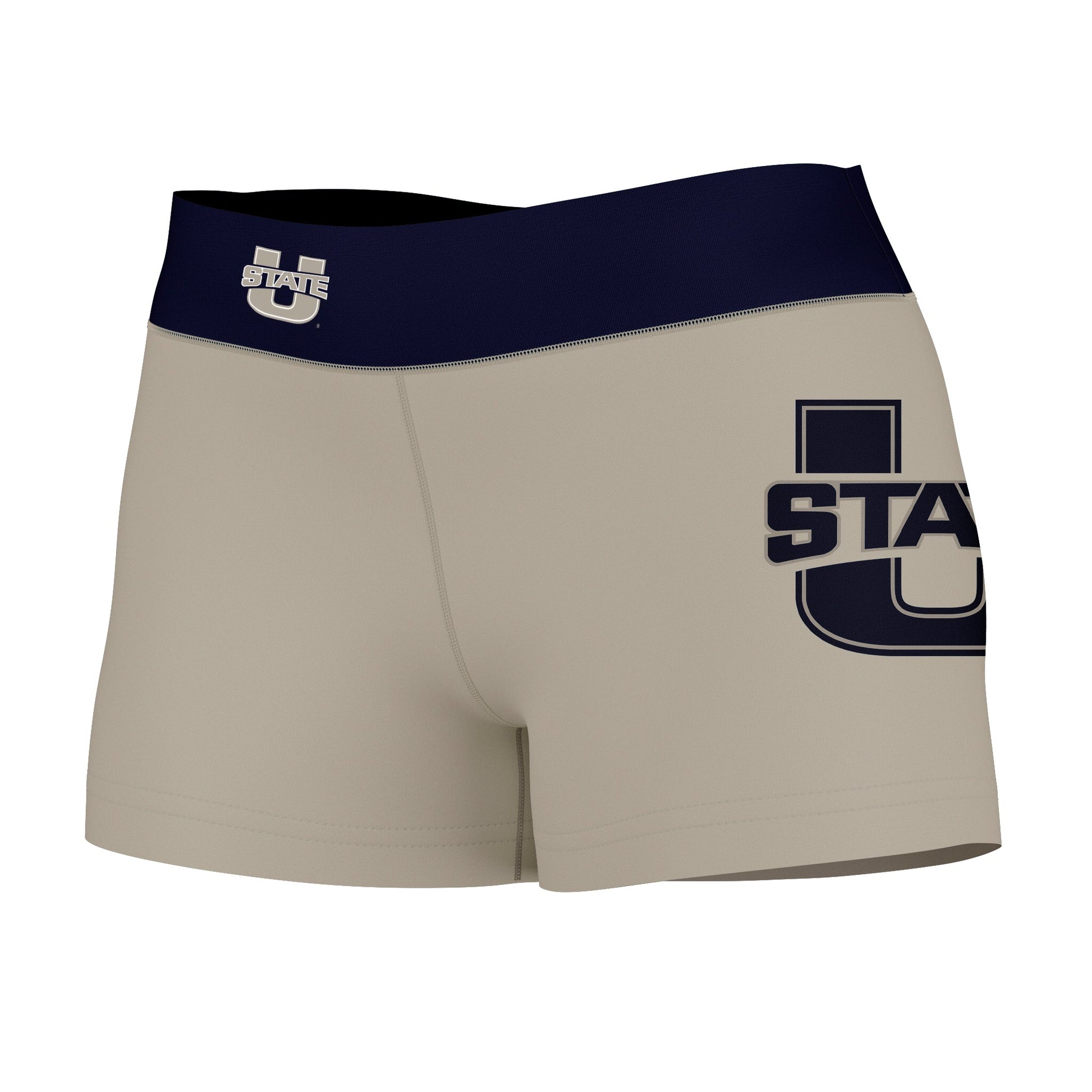 Utah State Aggies Vive La Fete Logo on Thigh & Waistband Gray Blue Women Yoga Booty Workout Shorts 3.75 Inseam