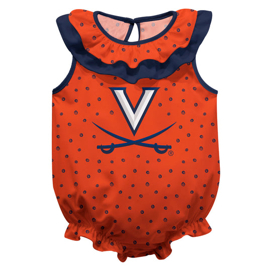 Virginia Cavaliers UVA Swirls Orange Sleeveless Ruffle One Piece Jumpsuit Logo Bodysuit by Vive La Fete