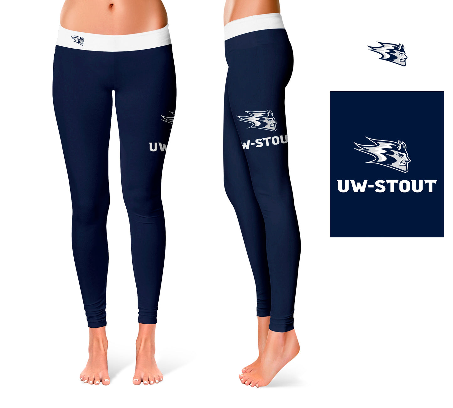 UW Wisconsing Stout Blue Devils Vive La Fete Game Day Collegiate Logo on Thigh Navy Women Yoga Leggings 2.5 Waist Tights