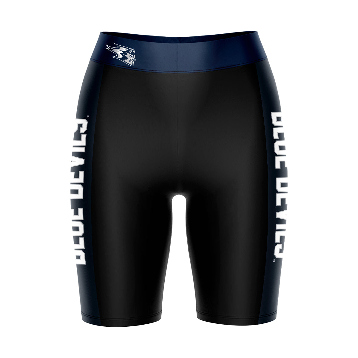 Wisconsing Stout Blue Devils Vive La Fete Game Day Logo on Waistband and Navy Stripes Black Women Bike Short 9 Inseam