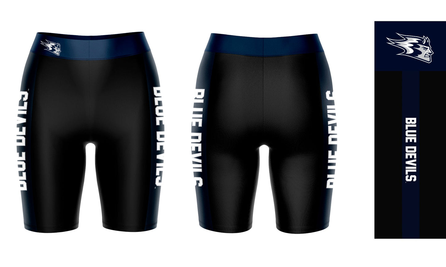 Wisconsing Stout Blue Devils Vive La Fete Game Day Logo on Waistband and Navy Stripes Black Women Bike Short 9 Inseam