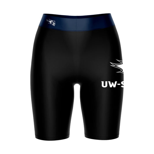 UW Wisconsin Stout Blue Devils Vive La Fete Game Day Logo on Thigh and Waistband Black & Navy Women Bike Short 9 Inseam