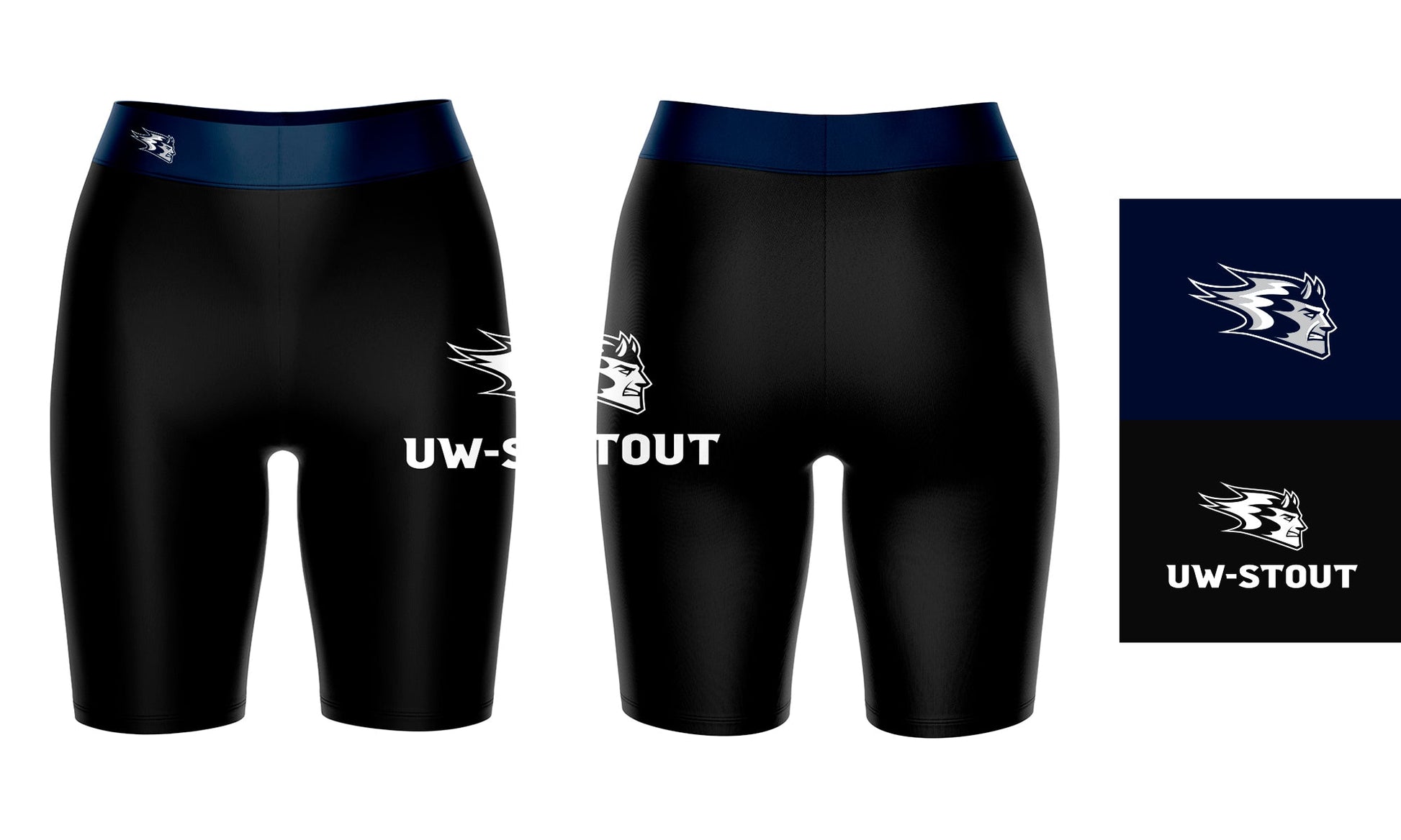 UW Wisconsin Stout Blue Devils Vive La Fete Game Day Logo on Thigh and Waistband Black & Navy Women Bike Short 9 Inseam