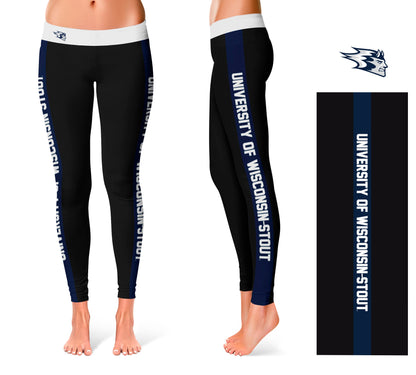 UW Wisconsin Stout Blue Devils Vive La Fete Game Day Collegiate Navy Stripes Women Black Yoga Leggings 2 Waist Tights