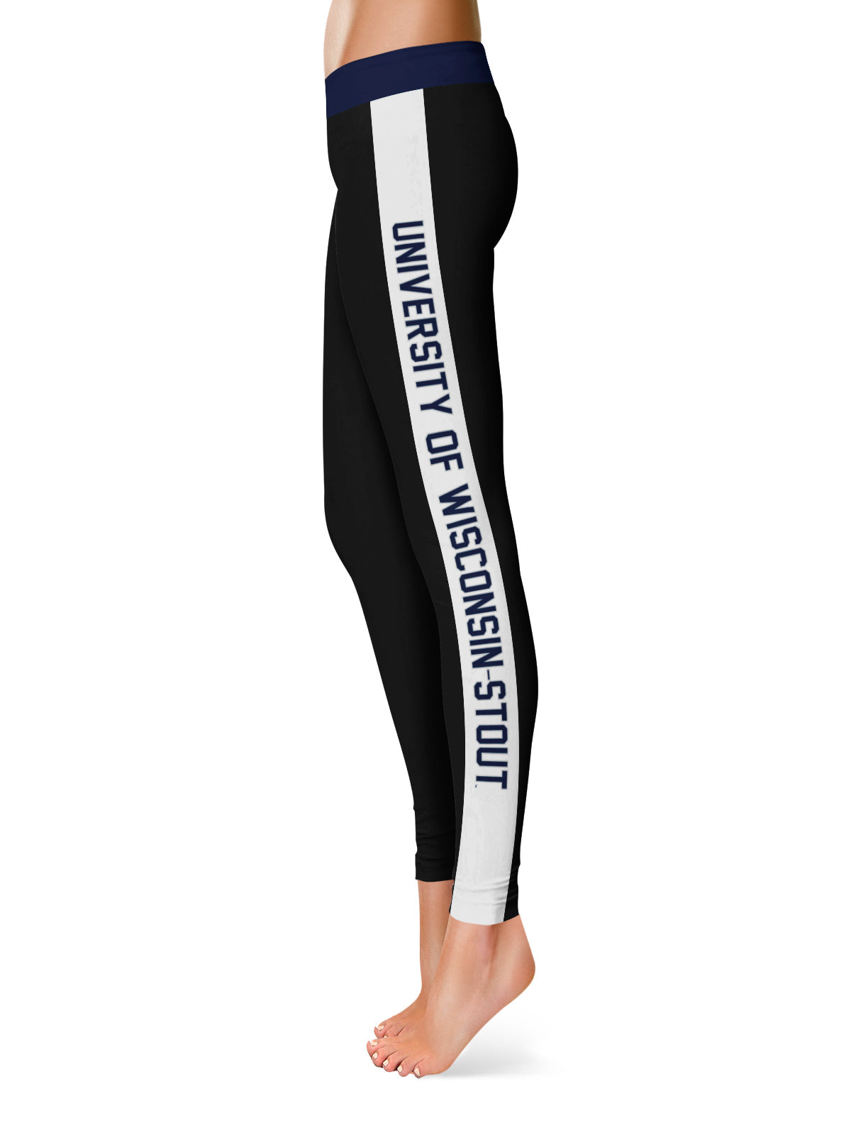 UW Wisconsin Stout Blue Devils Vive La Fete Game Day Collegiate White Stripes Women Black Yoga Leggings 2 Waist Tights