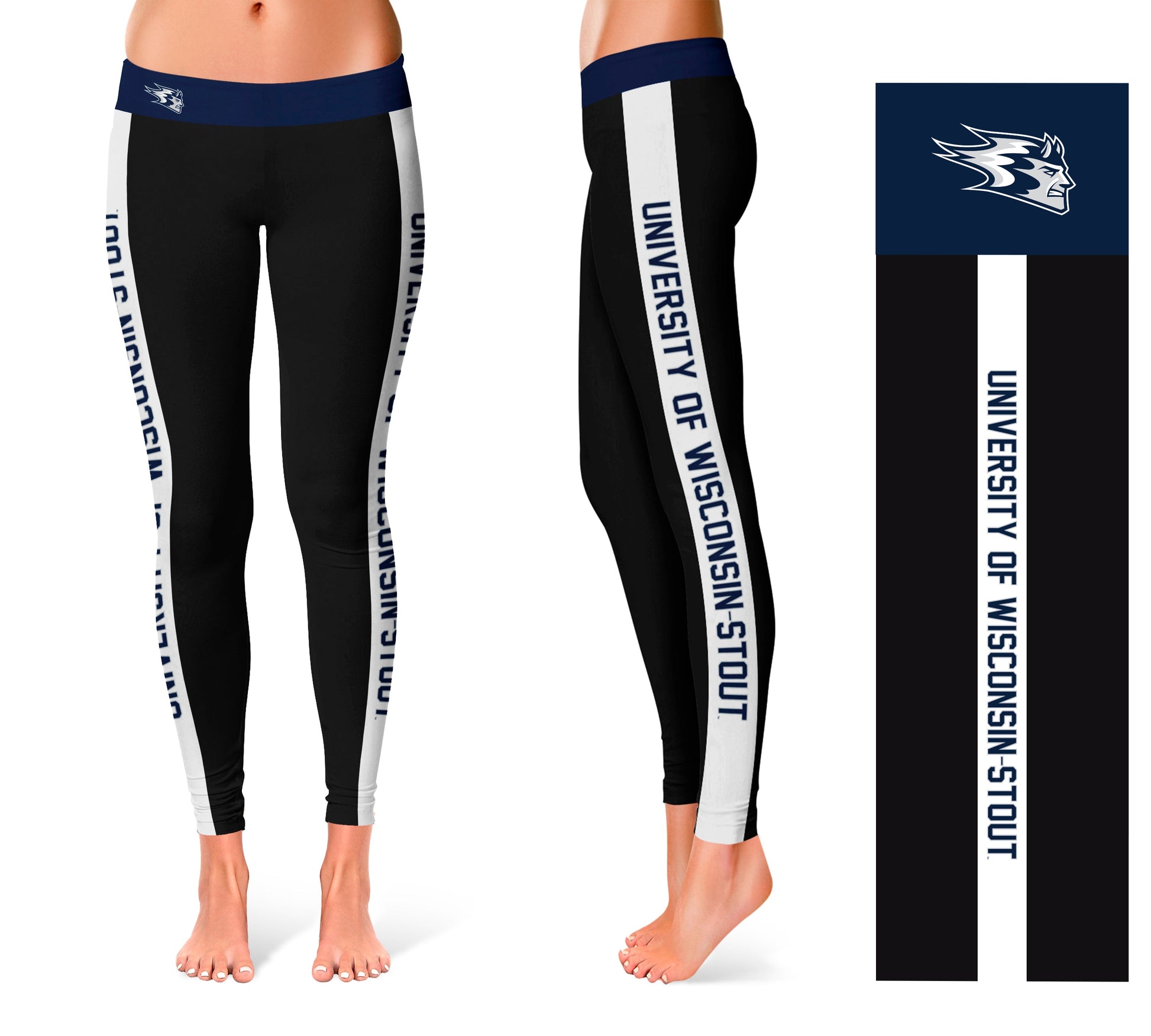 UW Wisconsin Stout Blue Devils Vive La Fete Game Day Collegiate White Stripes Women Black Yoga Leggings 2 Waist Tights