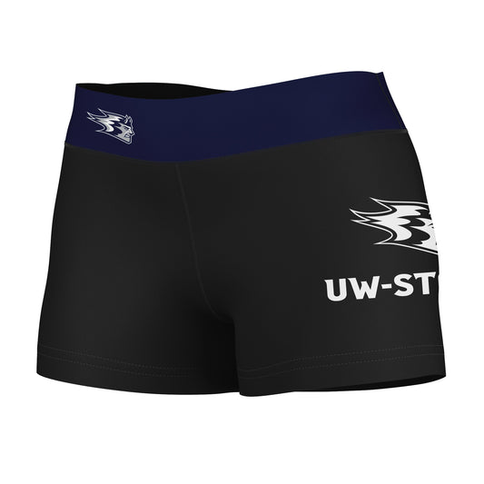 UW Wisconsin Stout Blue Devils Logo on Thigh & Waistband Black & Blue Women Yoga Booty Workout Shorts 3.75 Inseam