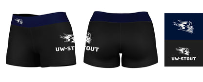 UW Wisconsin Stout Blue Devils Logo on Thigh & Waistband Black & Blue Women Yoga Booty Workout Shorts 3.75 Inseam - Vive La F̻te - Online Apparel Store