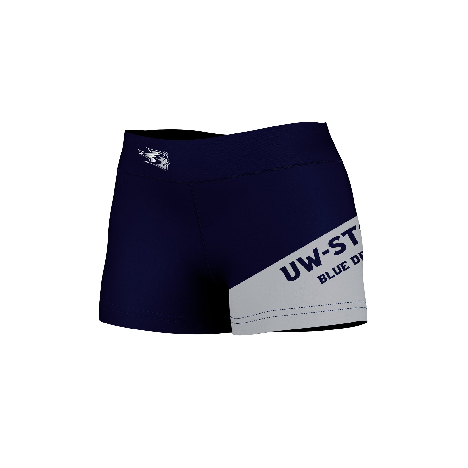 Wisconsin Stout Blue Devils UW Vive La Fete Game Day Collegiate Leg Color Block Women Navy Gray Optimum Yoga Short - Vive La F̻te - Online Apparel Store