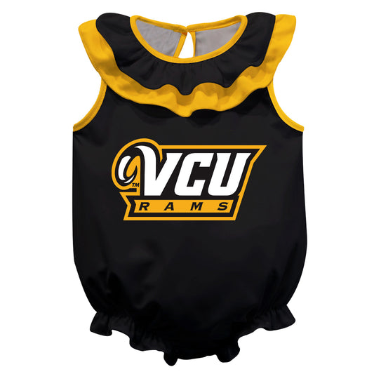 VCU Rams Virginia Commonwealth University Black Sleeveless Ruffle One Piece Jumpsuit Logo Bodysuit by Vive La Fete