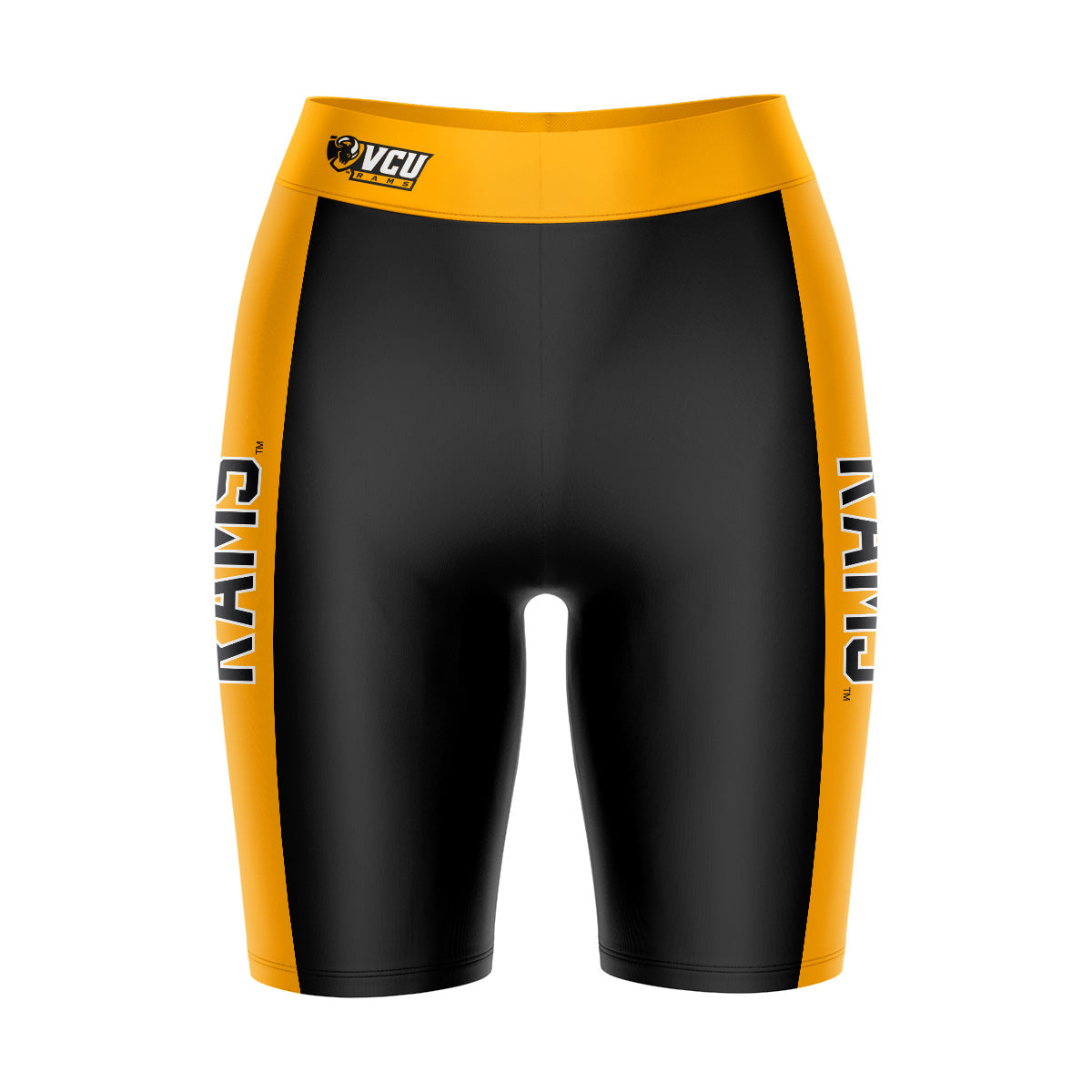 VCU Rams Virginia Commonwealth Vive La Fete Game Day Logo on Waistband and Gold Stripes Black Women Bike Short 9 Inseam