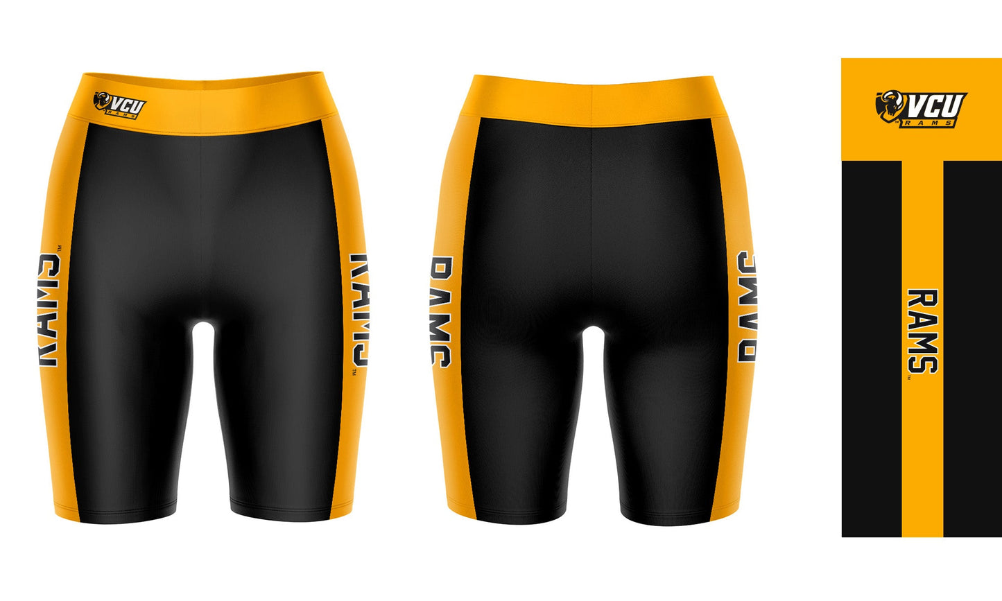 VCU Rams Virginia Commonwealth Vive La Fete Game Day Logo on Waistband and Gold Stripes Black Women Bike Short 9 Inseam