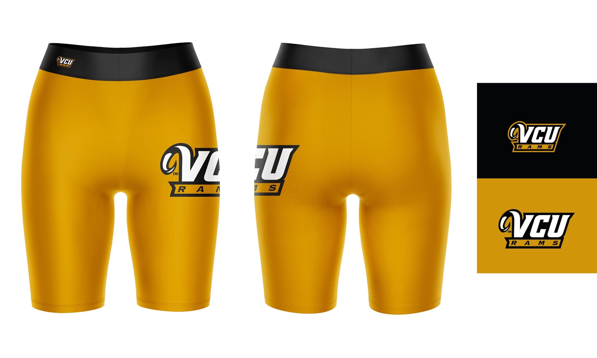 VCU Rams Virginia Commonwealth Vive La Fete Game Day Logo on Thigh and Waistband Gold & Black Women Bike Short 9 Inseam