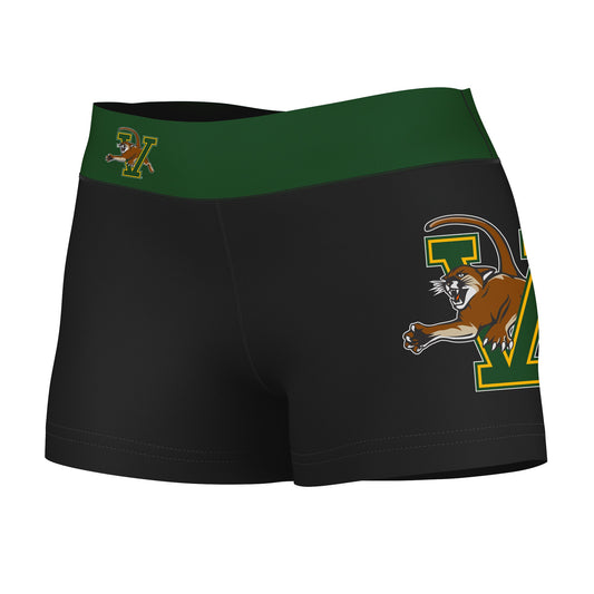 Vermont Catamounts Vive La Fete Logo on Thigh and Waistband Black & Green Women Yoga Booty Workout Shorts 3.75 Inseam"